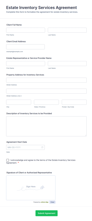Estate Inventory Services Agreement Form Template