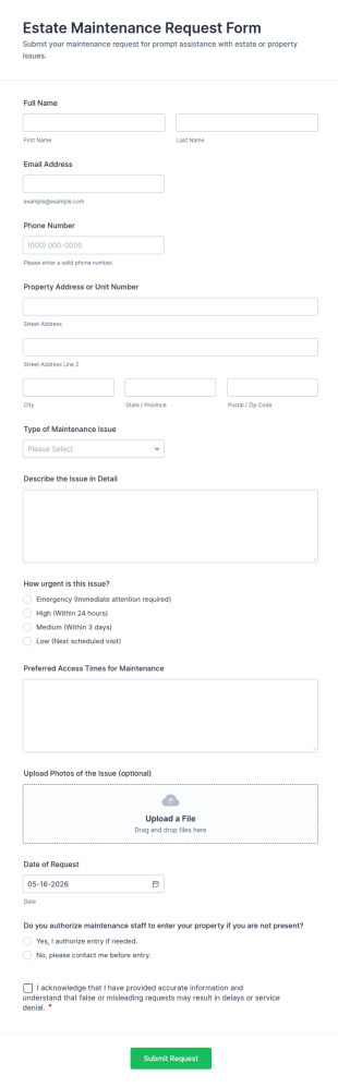 Estate Maintenance Request Form Template