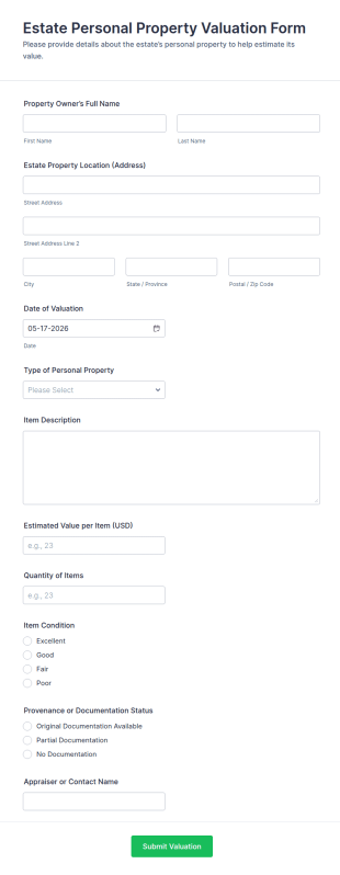 Estate Personal Property Valuation Form Template