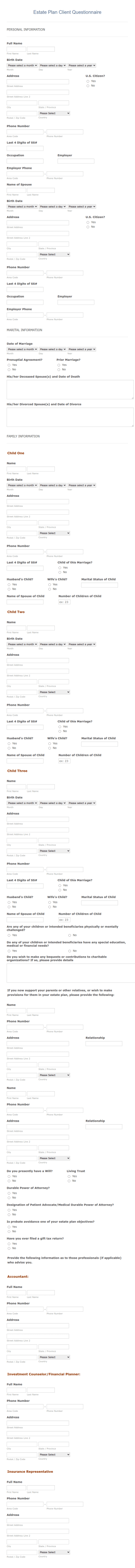 Estate Plan Client Questionnaire Template