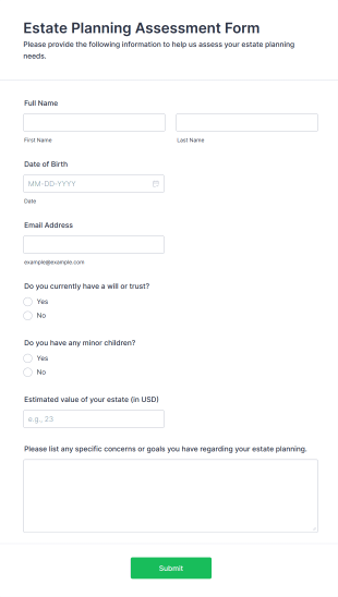 Estate Planning Assessment Form Form Template