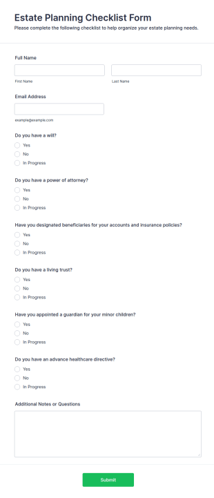 Estate Planning Checklist Form Template