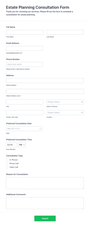Estate Planning Consultation Form Template