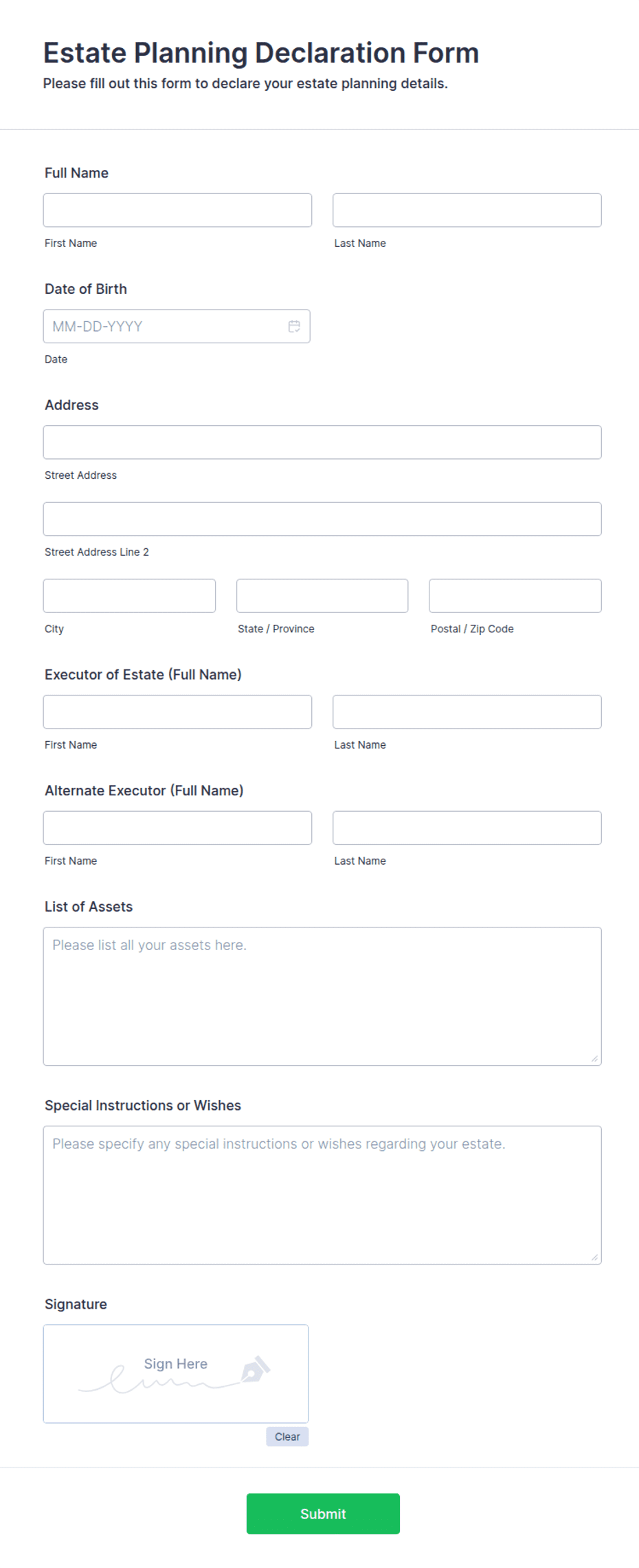Payee Declaration Form Estate Planning Declaration Form Template | Jotform