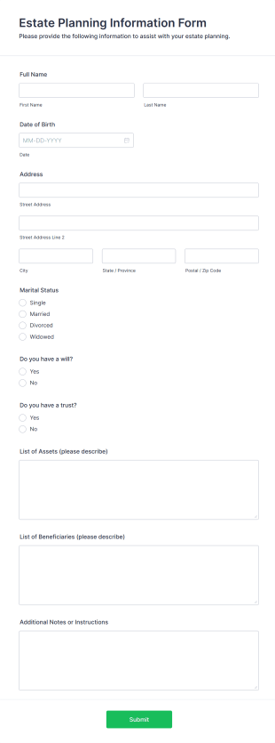 Estate Planning Information Form Form Template