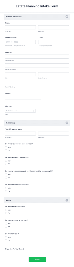 Estate Planning Intake Form Template