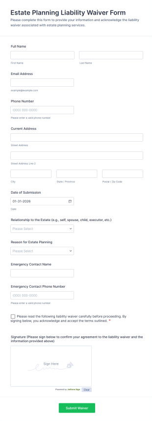 Estate Planning Liability Waiver Form Template