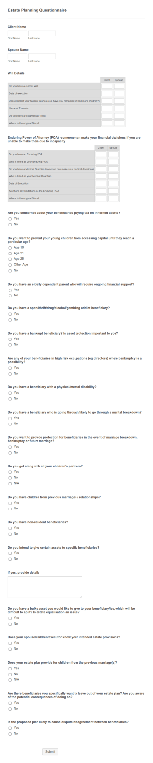 Estate Planning Questionnaire Template
