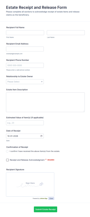 Estate Receipt And Release Form Template