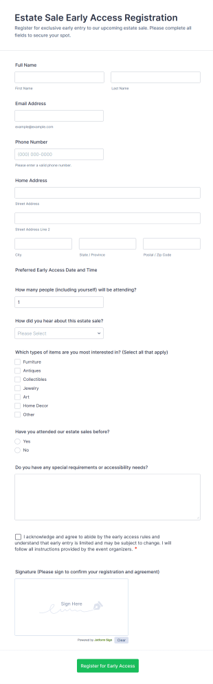 Estate Sale Early Access Registration Form Template