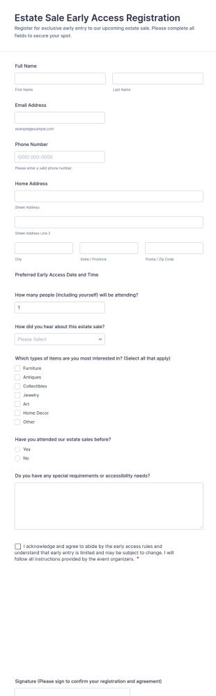 Estate Sale Early Access Registration Form Template