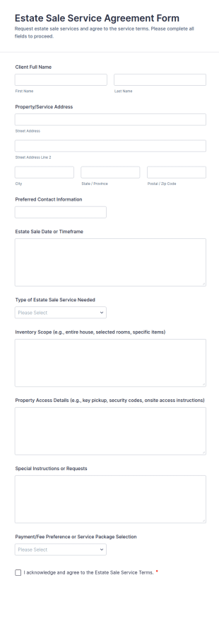 Estate Sale Service Agreement Form Template