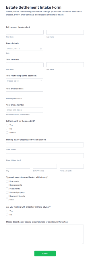 Estate Settlement Intake Form Template