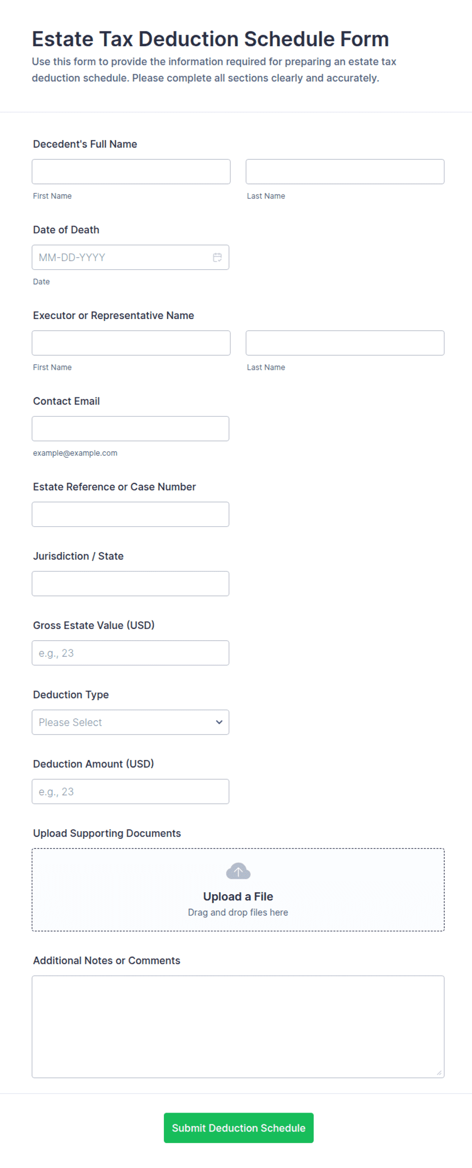 Estate Tax Deduction Schedule Form Template | Jotform