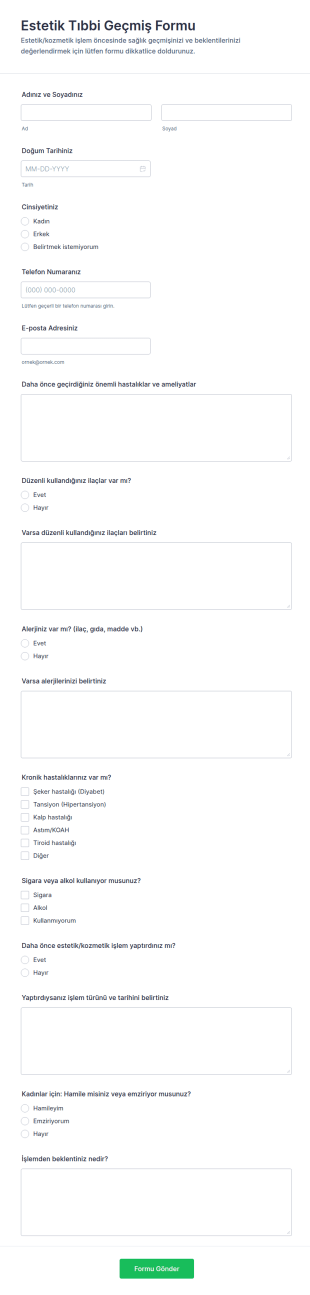 Estetik Tıbbi Geçmiş Form Şablonu