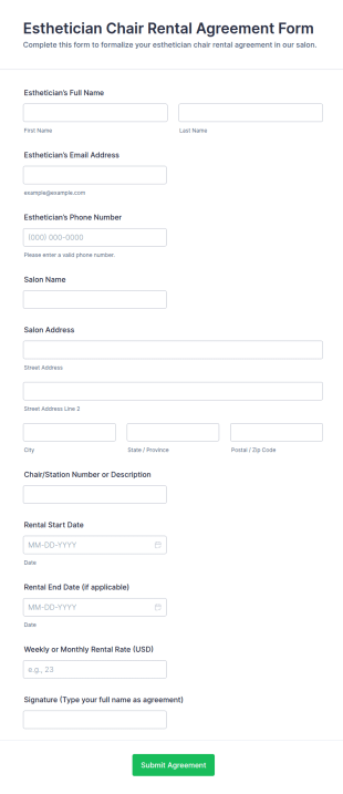 Esthetician Chair Rental Agreement Form Template