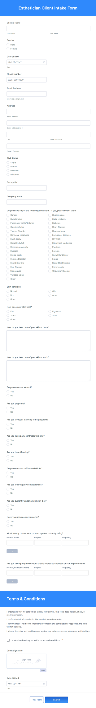 Esthetician Client Intake Form Template