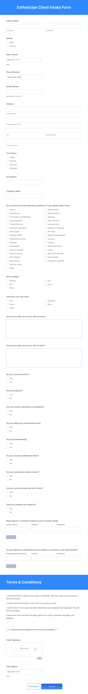 Esthetician Client Intake Form Template