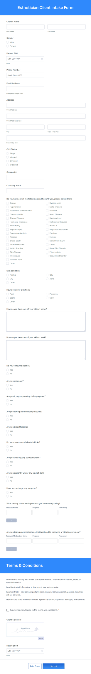 Esthetician Client Intake Form Template