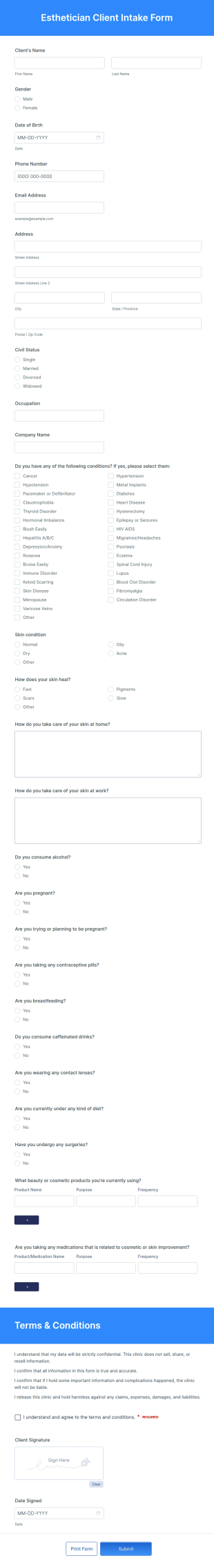 Esthetician Client Intake Form Template