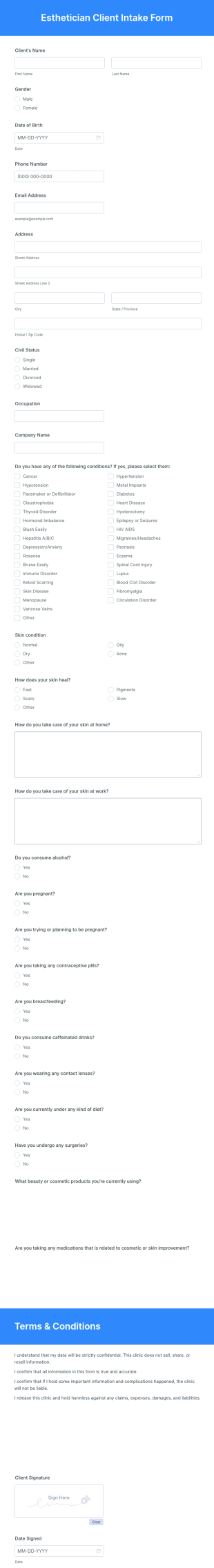 Esthetician Client Intake Form Template