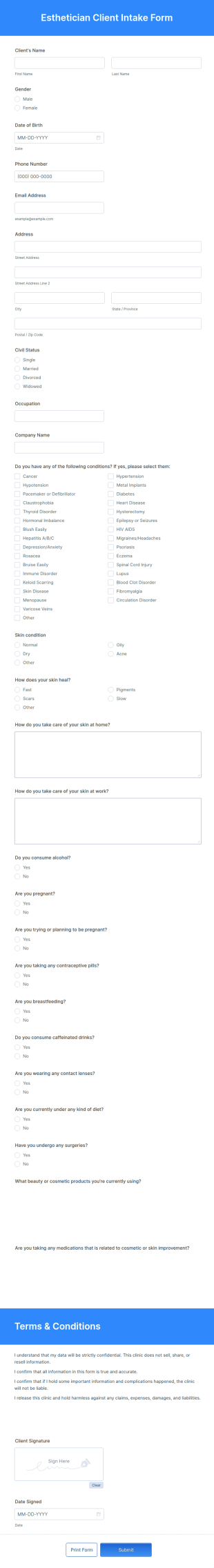 Esthetician Client Intake Form Template