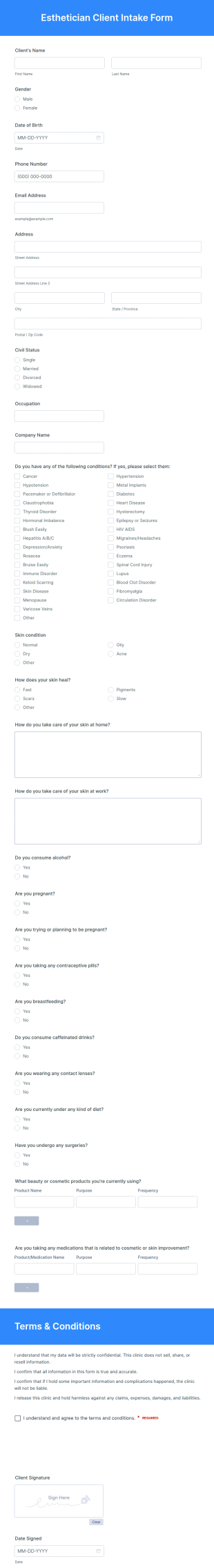 Esthetician Client Intake Form Template