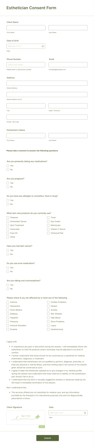 Esthetician Consent Form Template