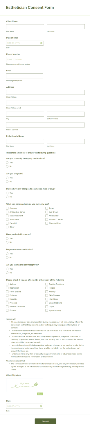 Esthetician Consent Form Template
