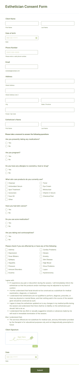 Esthetician Consent Form Template