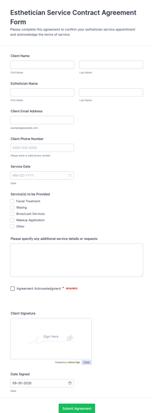 Esthetician Service Contract Agreement Form Template