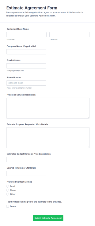 Estimate Agreement Form Template
