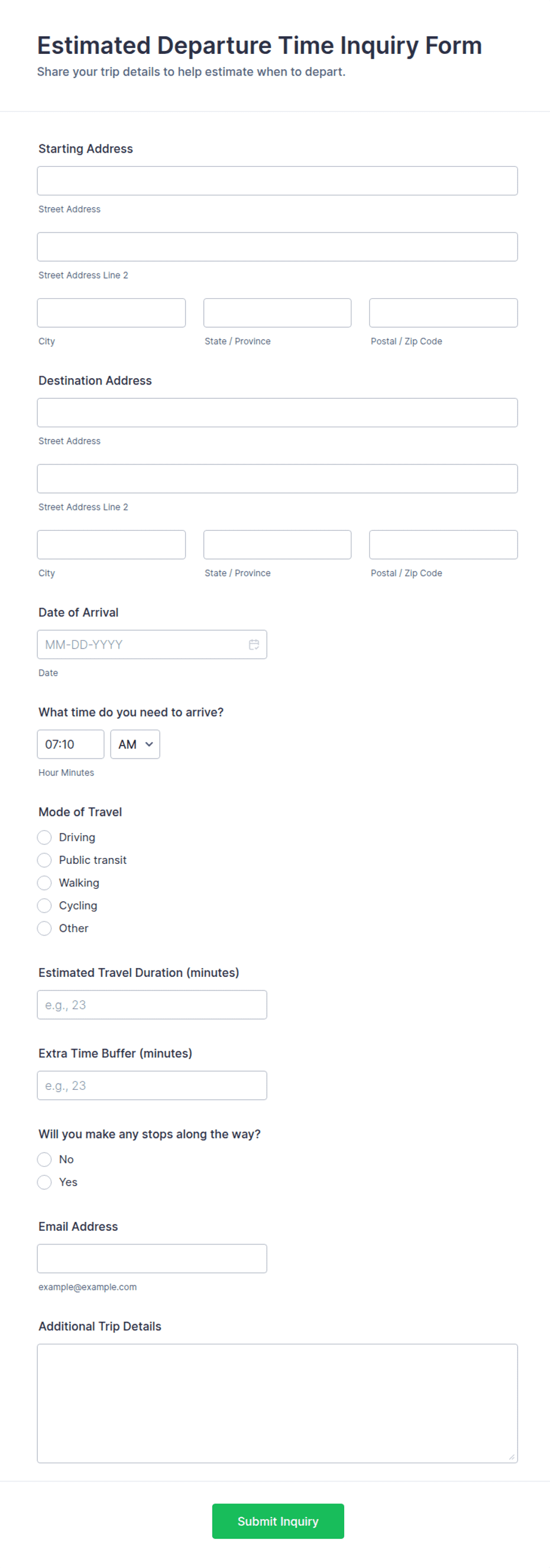 Estimated Departure Time Inquiry Form Template | Jotform