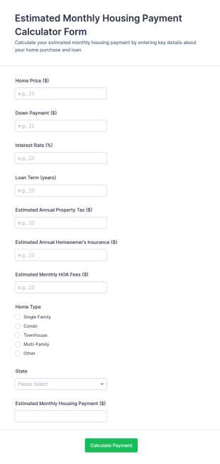 Estimated Monthly Housing Payment Calculator Form Template