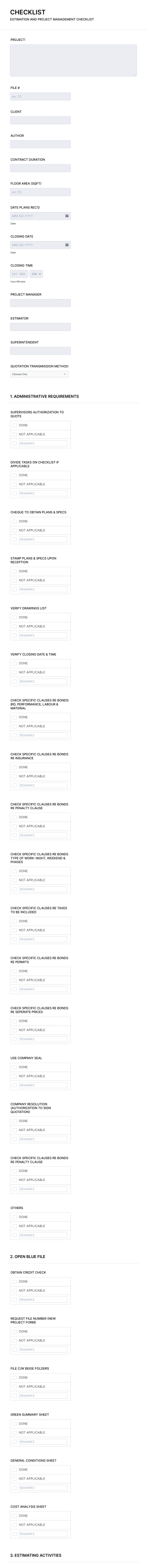 ESTIMATION & PROJECT MANAGEMENT CHECKLIST Form Template
