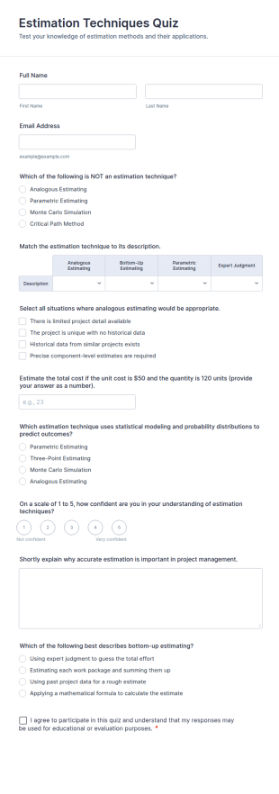 Estimation Techniques Quiz Form Template