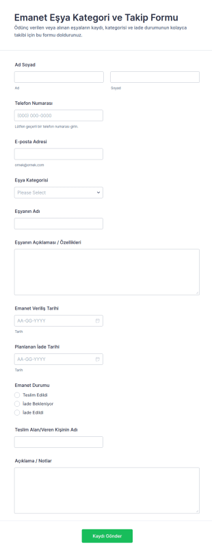 Eşya Takip Form Şablonu