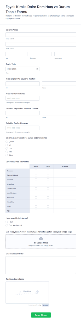 Eşyalı Kiralık Daire Demirbaş Ve Durum Tespit Form Template
