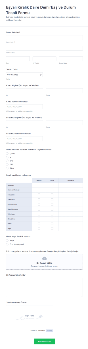 Eşyalı Kiralık Daire Demirbaş Ve Durum Tespit Form Şablonu