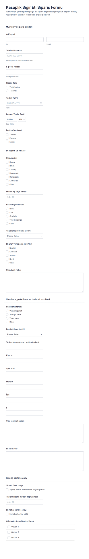 Et Kesim Sipariş Form Şablonu