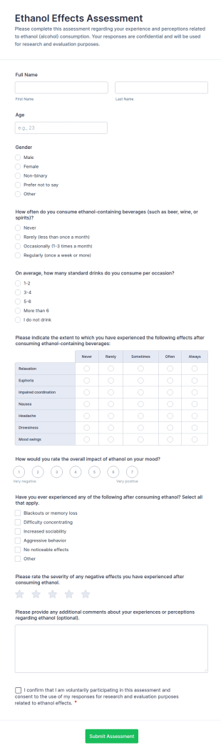 Ethanol Effects Assessment Form Template