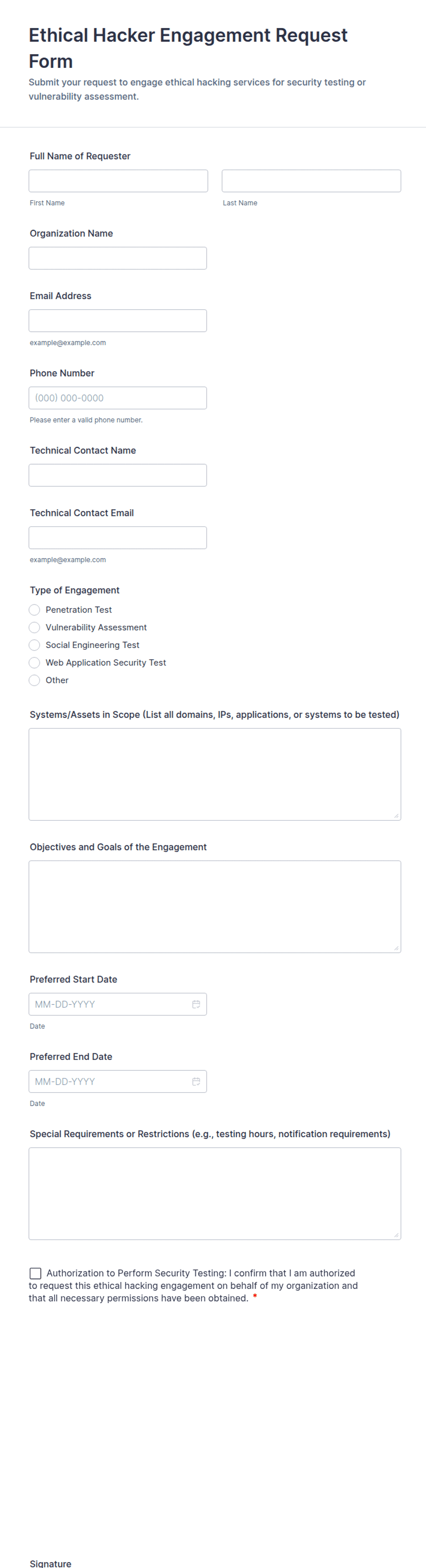 Ethical Hacker Engagement Request Form Template | Jotform
