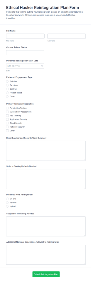 Ethical Hacker Reintegration Plan Form Template
