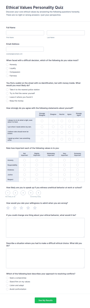 Ethical Values Personality Quiz Form Template