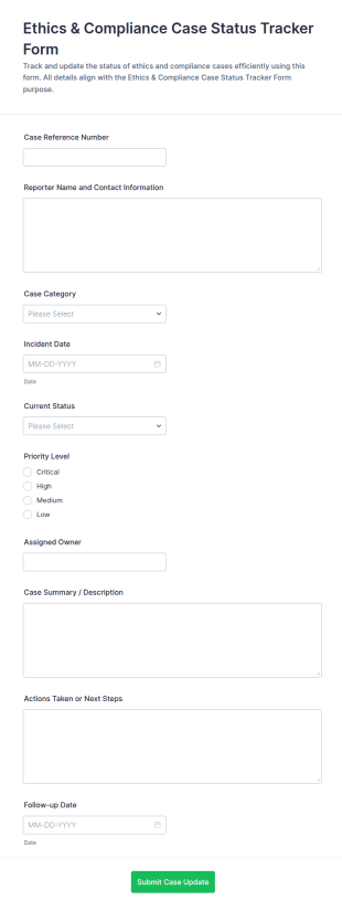 Ethics & Compliance Case Status Tracker Form Template