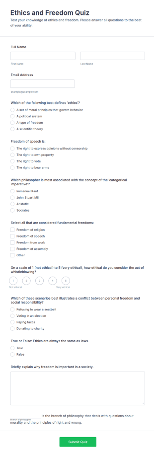 Ethics And Freedom Quiz Form Template