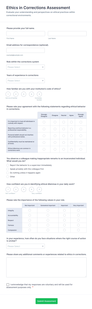 Ethics In Corrections Assessment Form Template