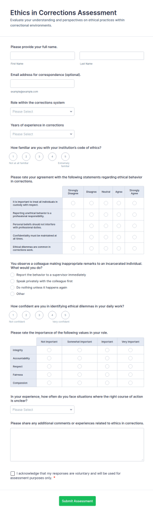 Ethics In Corrections Assessment Form Template