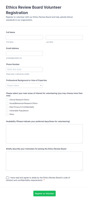 Ethics Review Board Volunteer Registration Form Template