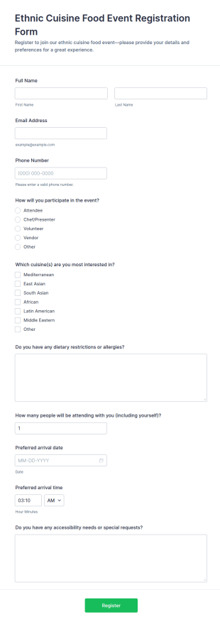 Ethnic Cuisine Food Event Registration Form Template